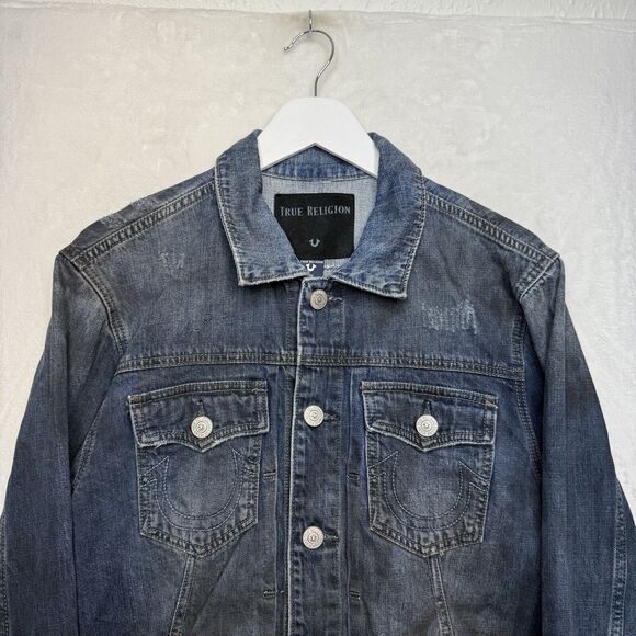 TRUE RELIGION Dylan Distressed Denim Trucker Jacket Flap Pockets Indigo Mens L - Picture 3 of 12
